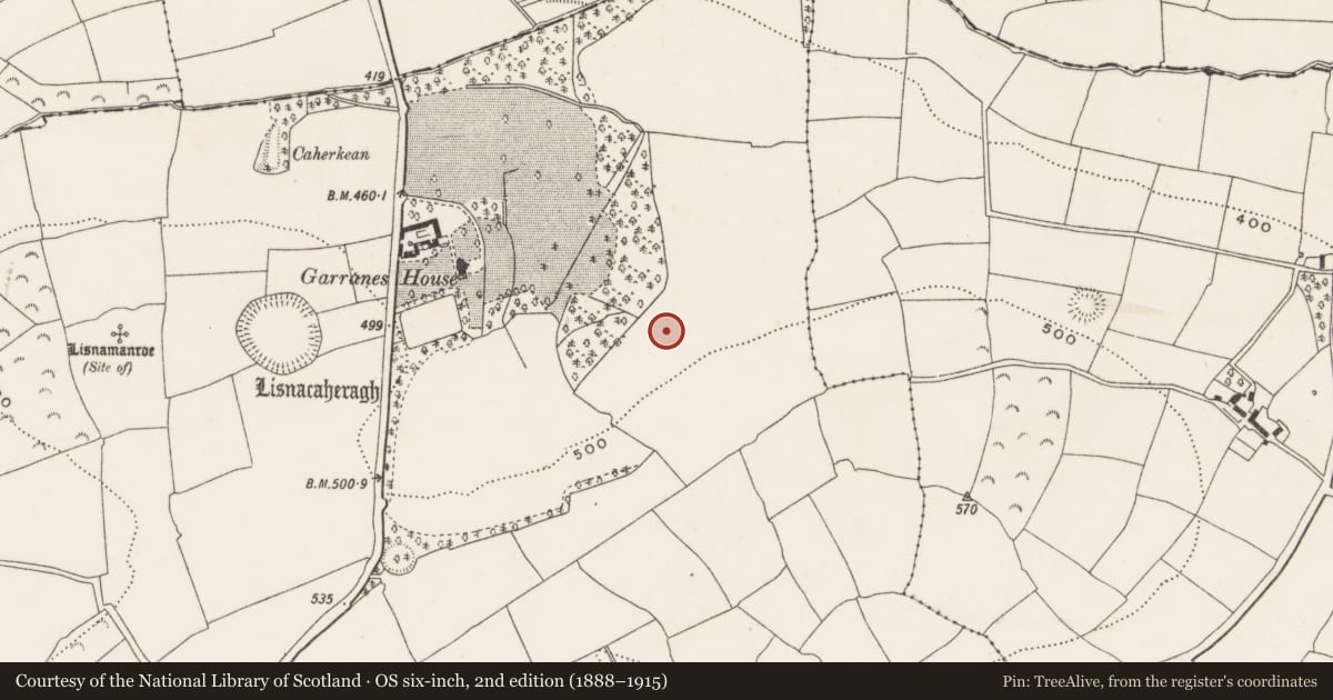 Ordnance Survey six-inch map, 2nd edition (1888–1915) covering the location of Souterrain, Garranes, County Cork, with a pin at the register's coordinates