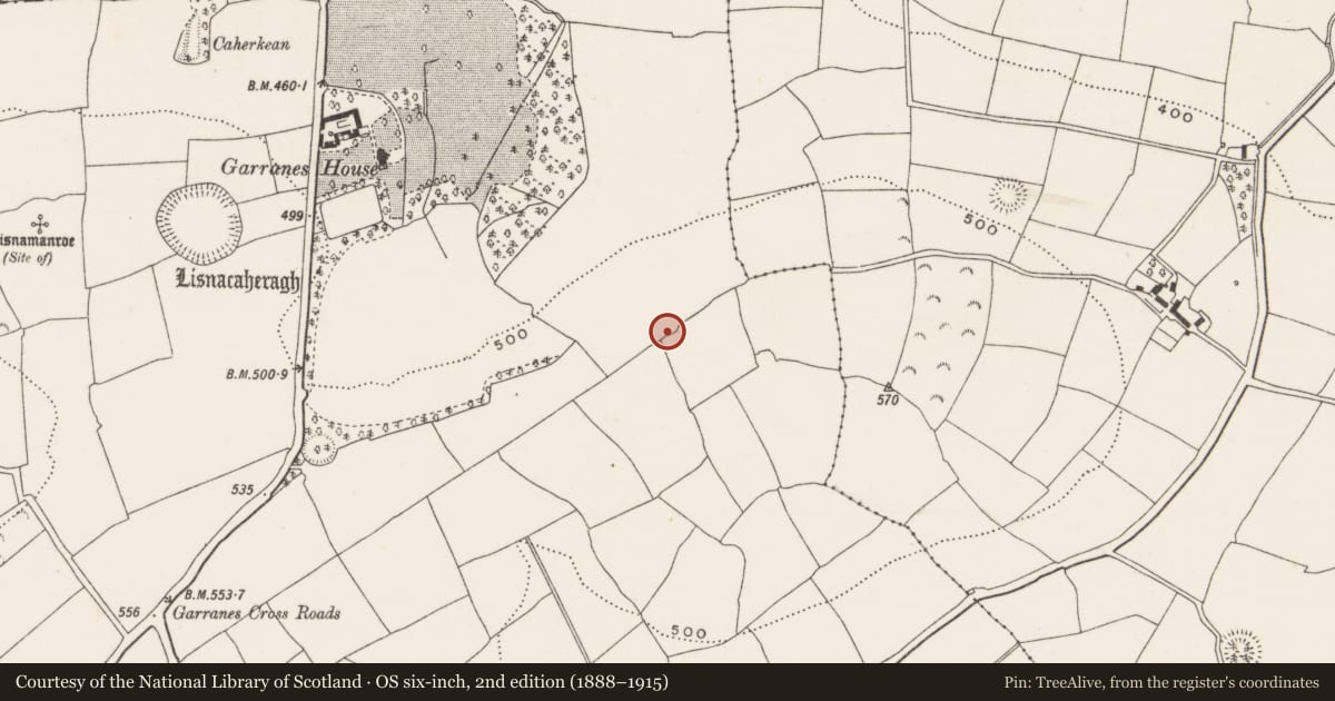 Ordnance Survey six-inch map, 2nd edition (1888–1915) covering the location of Ringfort - rath, Garranes, County Cork, with a pin at the register's coordinates
