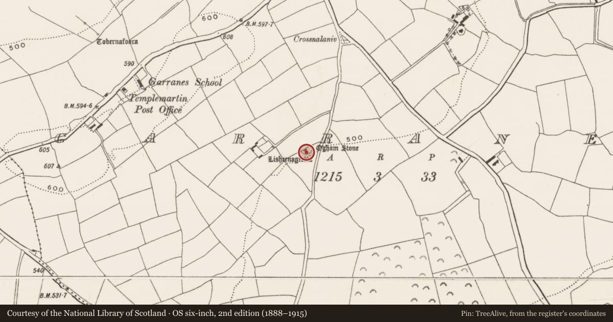 Ordnance Survey six-inch map, 2nd edition (1888–1915) covering the location of Souterrain, Garranes, County Cork, with a pin at the register's coordinates