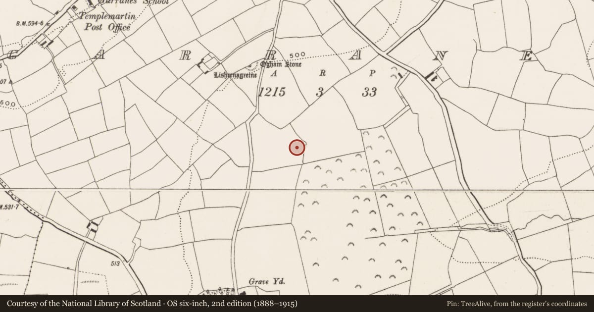Ordnance Survey six-inch map, 2nd edition (1888–1915) covering the location of Fulacht fia, Garranes, County Cork, with a pin at the register's coordinates