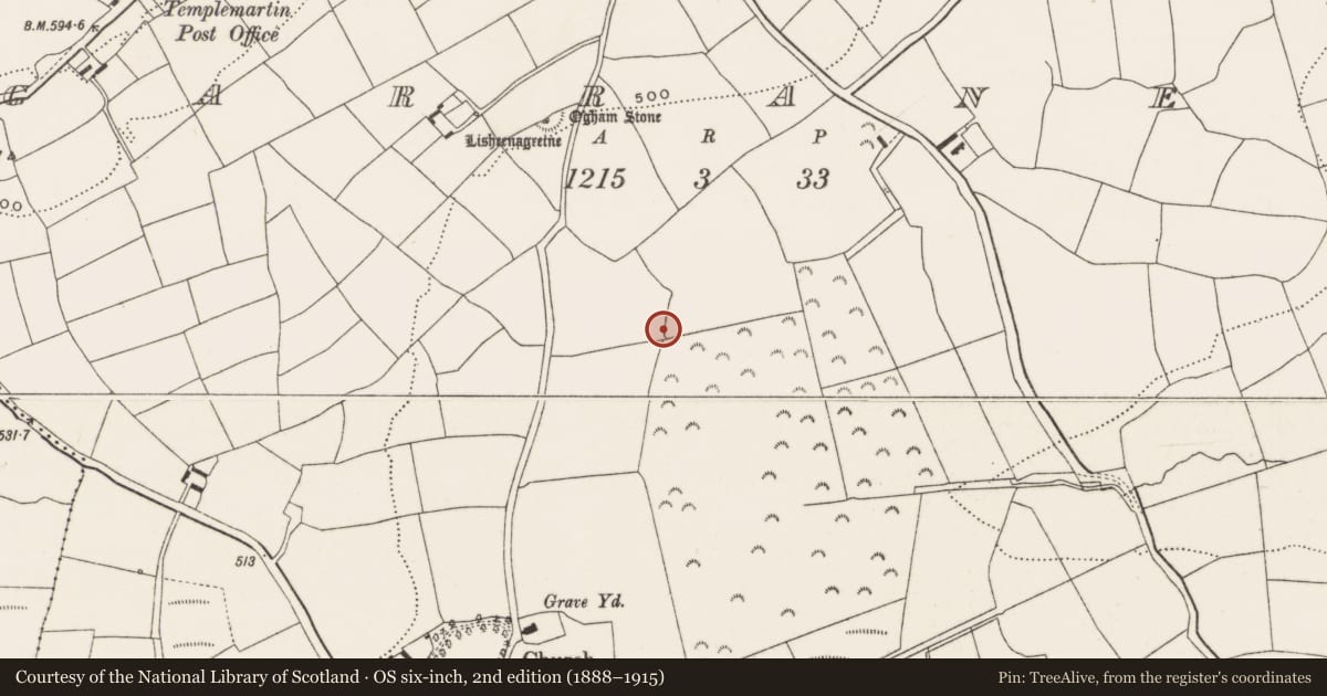 Ordnance Survey six-inch map, 2nd edition (1888–1915) covering the location of Fulacht fia, Garranes, County Cork, with a pin at the register's coordinates