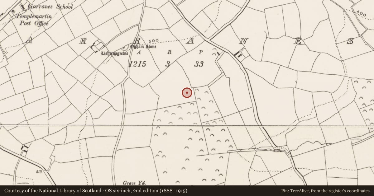 Ordnance Survey six-inch map, 2nd edition (1888–1915) covering the location of Fulacht fia, Garranes, County Cork, with a pin at the register's coordinates