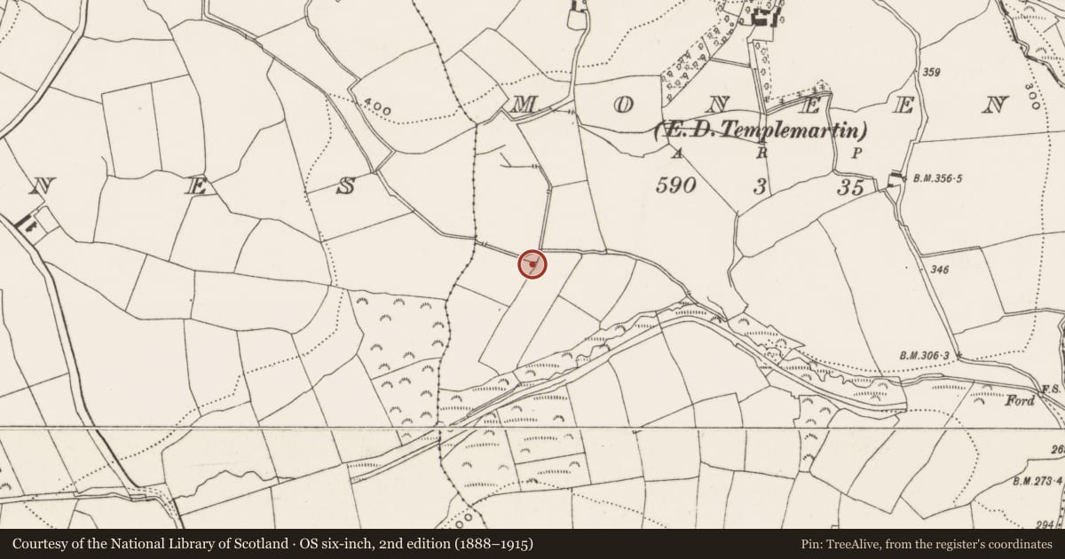 Ordnance Survey six-inch map, 2nd edition (1888–1915) covering the location of Fulacht fia, Moneen (Kinalmeaky By., Templemartin Par.), County Cork, with a pin at the register's coordinates