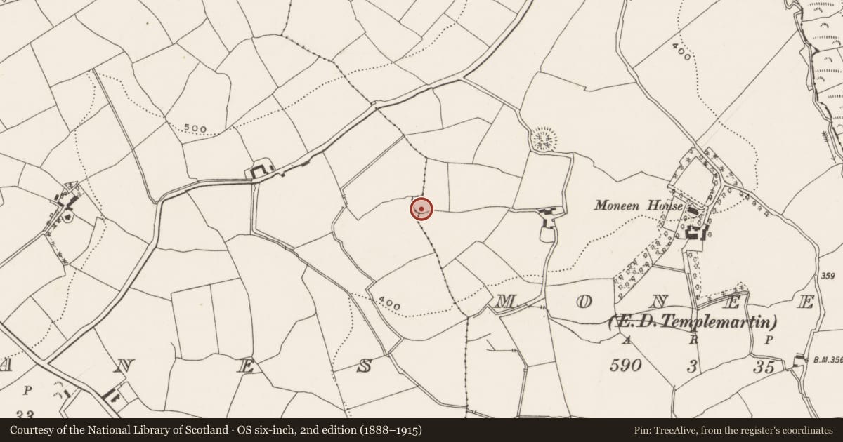 Ordnance Survey six-inch map, 2nd edition (1888–1915) covering the location of Enclosure, Moneen (Kinalmeaky By., Templemartin Par.), County Cork, with a pin at the register's coordinates