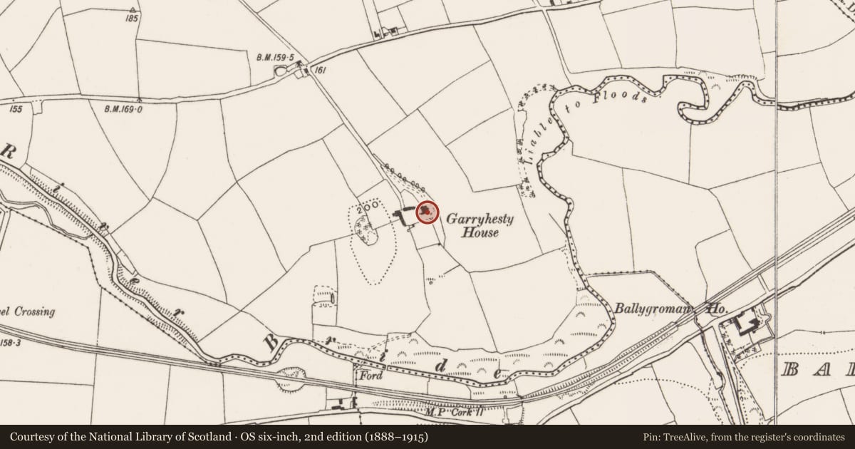 Ordnance Survey six-inch map, 2nd edition (1888–1915) covering the location of Country house, Garryhesty, County Cork, with a pin at the register's coordinates