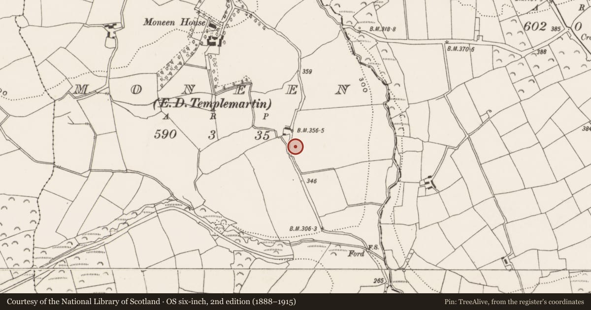 Ordnance Survey six-inch map, 2nd edition (1888–1915) covering the location of Ringfort - rath, Moneen (Kinalmeaky By., Templemartin Par.), County Cork, with a pin at the register's coordinates
