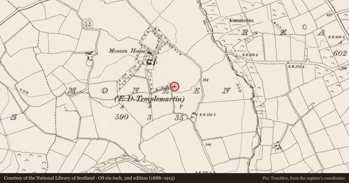 Ordnance Survey six-inch map, 2nd edition (1888–1915) covering the location of Ringfort - rath, Moneen (Kinalmeaky By., Templemartin Par.), County Cork, with a pin at the register's coordinates