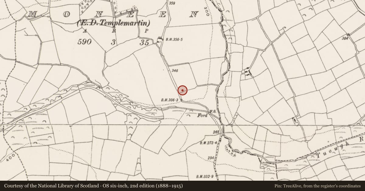 Ordnance Survey six-inch map, 2nd edition (1888–1915) covering the location of Souterrain, Moneen (Kinalmeaky By., Templemartin Par.), County Cork, with a pin at the register's coordinates
