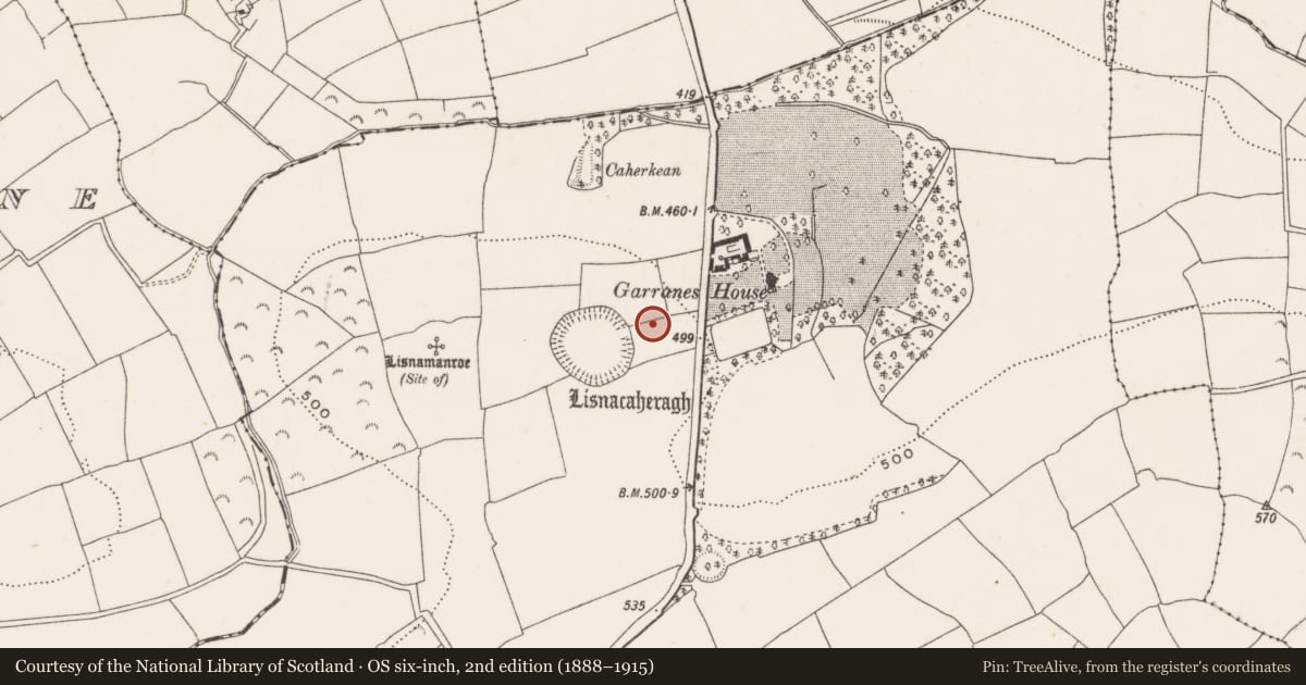 Ordnance Survey six-inch map, 2nd edition (1888–1915) covering the location of Structure, Garranes, County Cork, with a pin at the register's coordinates