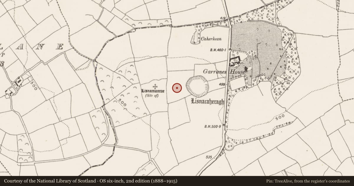 Ordnance Survey six-inch map, 2nd edition (1888–1915) covering the location of Structure, Garranes, County Cork, with a pin at the register's coordinates