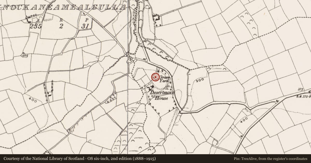 Ordnance Survey six-inch map, 2nd edition (1888–1915) covering the location of Graveyard, Ballygroman Upper, County Cork, with a pin at the register's coordinates