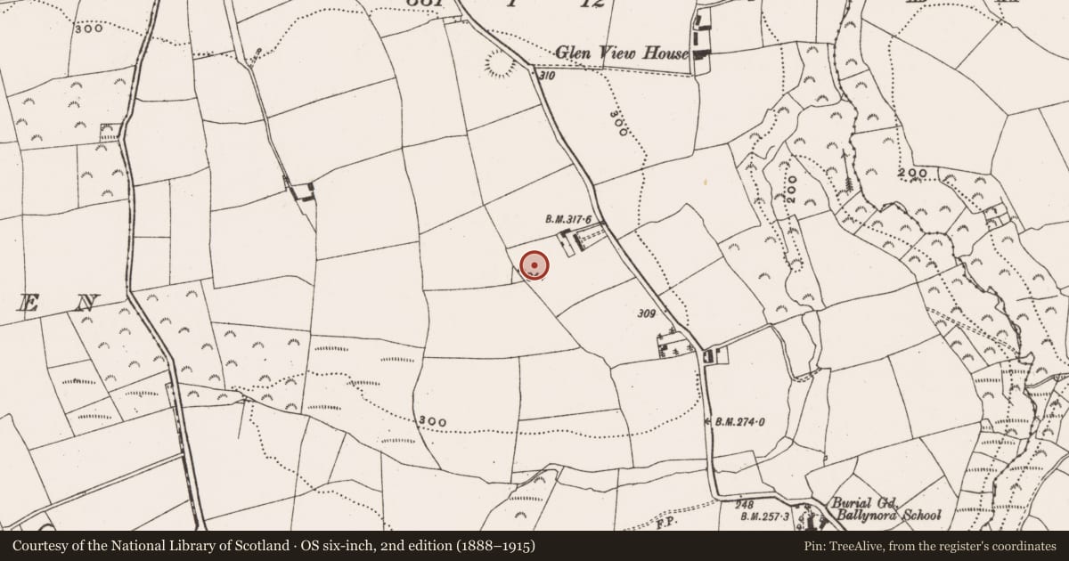 Ordnance Survey six-inch map, 2nd edition (1888–1915) covering the location of Enclosure, Ballynora, County Cork, with a pin at the register's coordinates