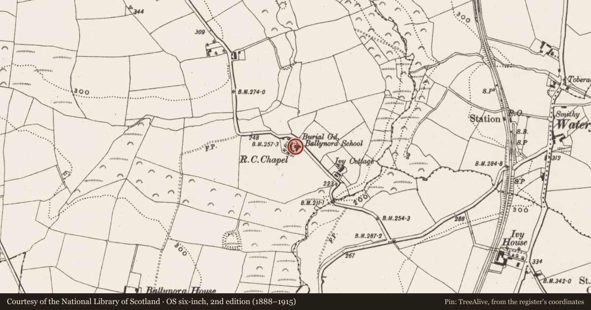 Ordnance Survey six-inch map, 2nd edition (1888–1915) covering the location of Graveyard, Ballynora, County Cork, with a pin at the register's coordinates