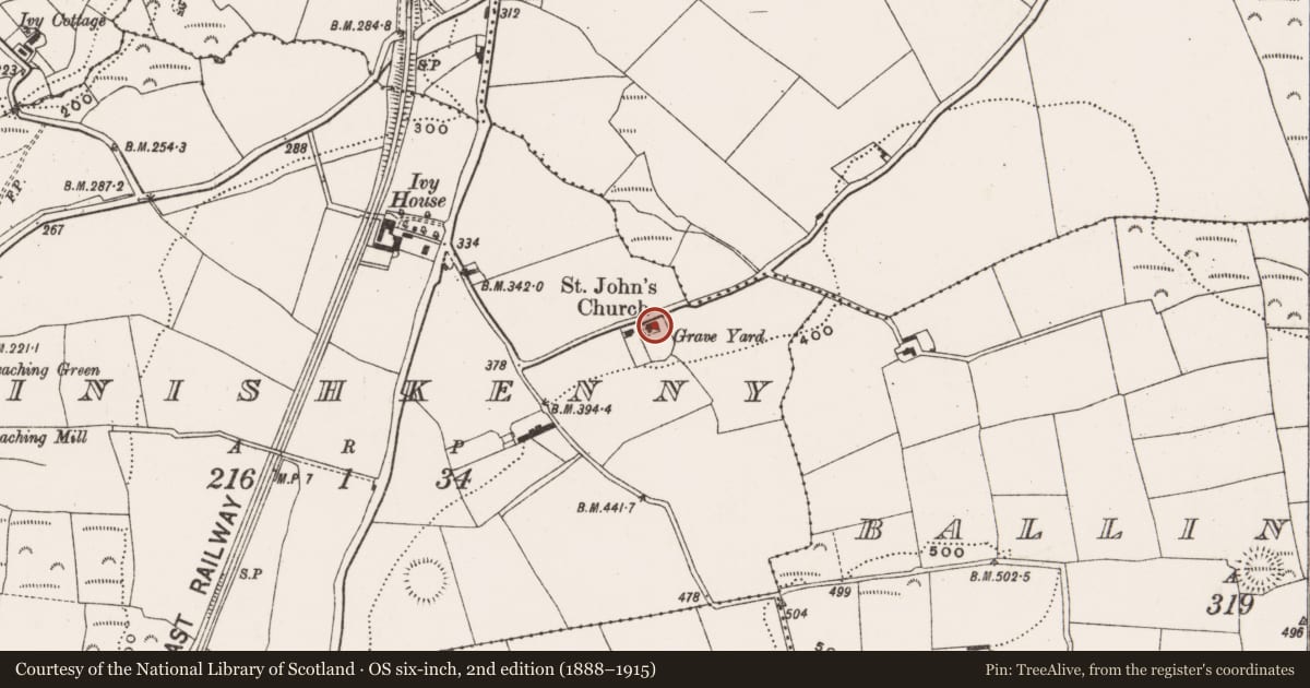 Ordnance Survey six-inch map, 2nd edition (1888–1915) covering the location of Church, Inishkenny, County Cork, with a pin at the register's coordinates