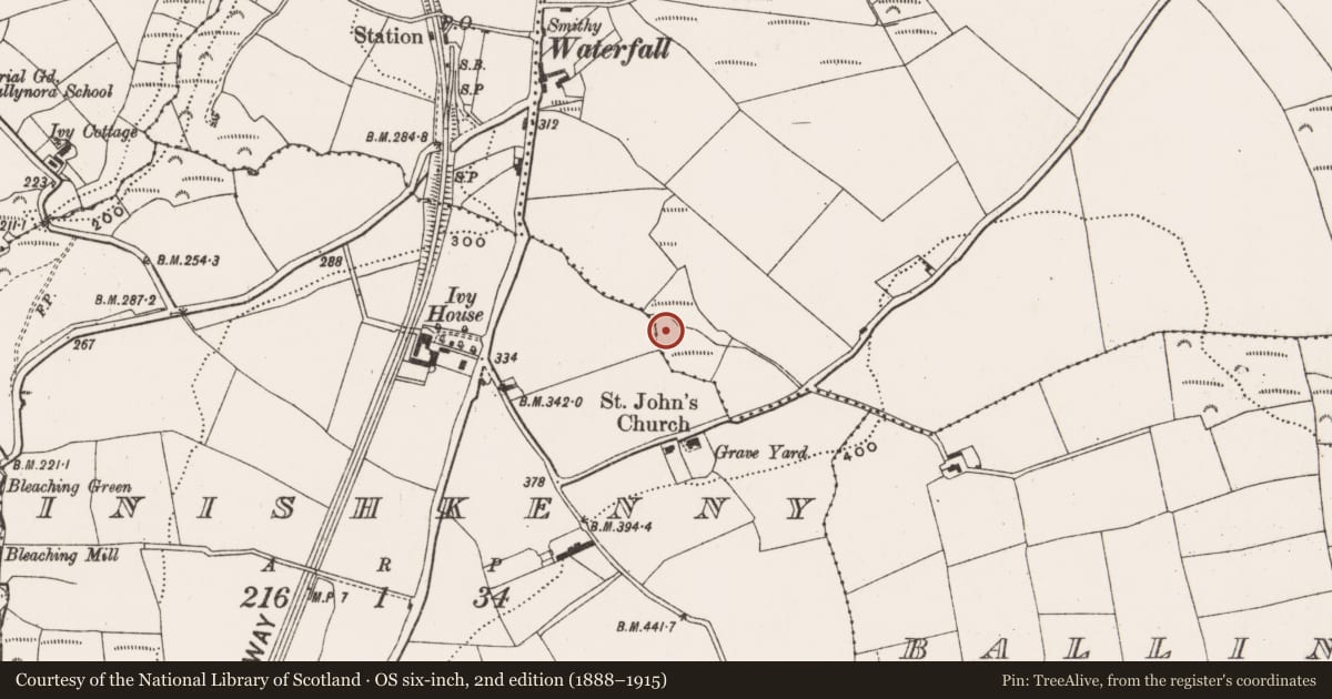 Ordnance Survey six-inch map, 2nd edition (1888–1915) covering the location of Fulacht fia, Rochfordstown, County Cork, with a pin at the register's coordinates