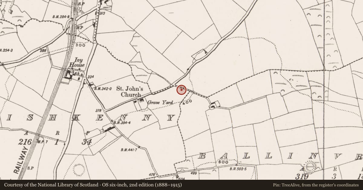 Ordnance Survey six-inch map, 2nd edition (1888–1915) covering the location of Fulacht fia, Inishkenny, County Cork, with a pin at the register's coordinates