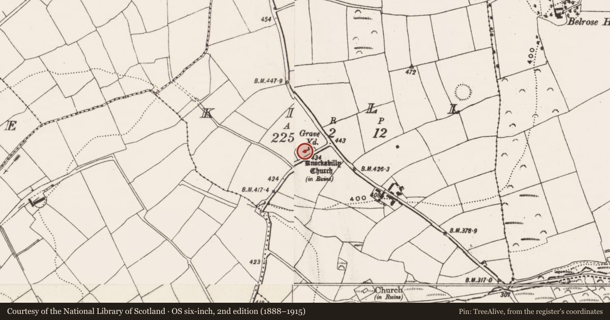 Ordnance Survey six-inch map, 2nd edition (1888–1915) covering the location of Graveyard, Kill, County Cork, with a pin at the register's coordinates