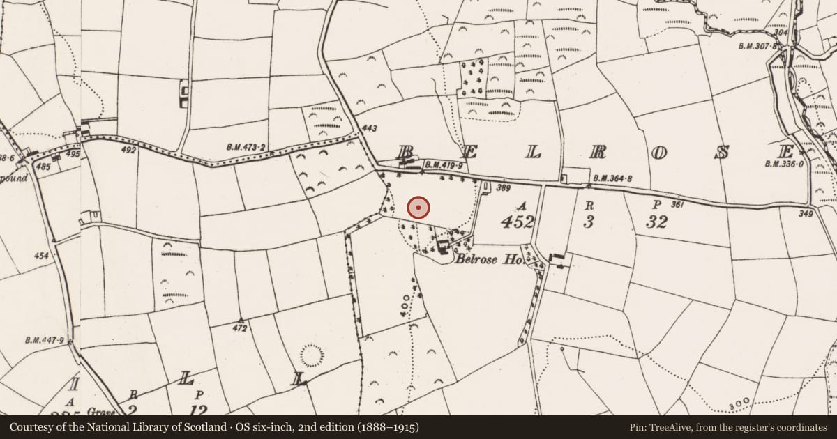 Ordnance Survey six-inch map, 2nd edition (1888–1915) covering the location of Burial, Belrose, County Cork, with a pin at the register's coordinates