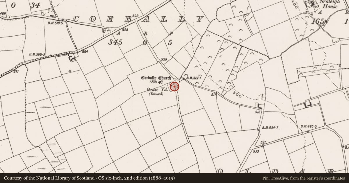 Ordnance Survey six-inch map, 2nd edition (1888–1915) covering the location of Graveyard, Corbally, County Cork, with a pin at the register's coordinates