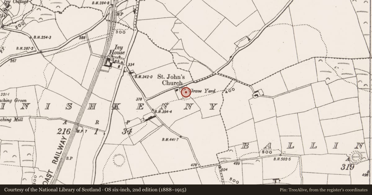 Ordnance Survey six-inch map, 2nd edition (1888–1915) covering the location of Ecclesiastical enclosure, Inishkenny, County Cork, with a pin at the register's coordinates