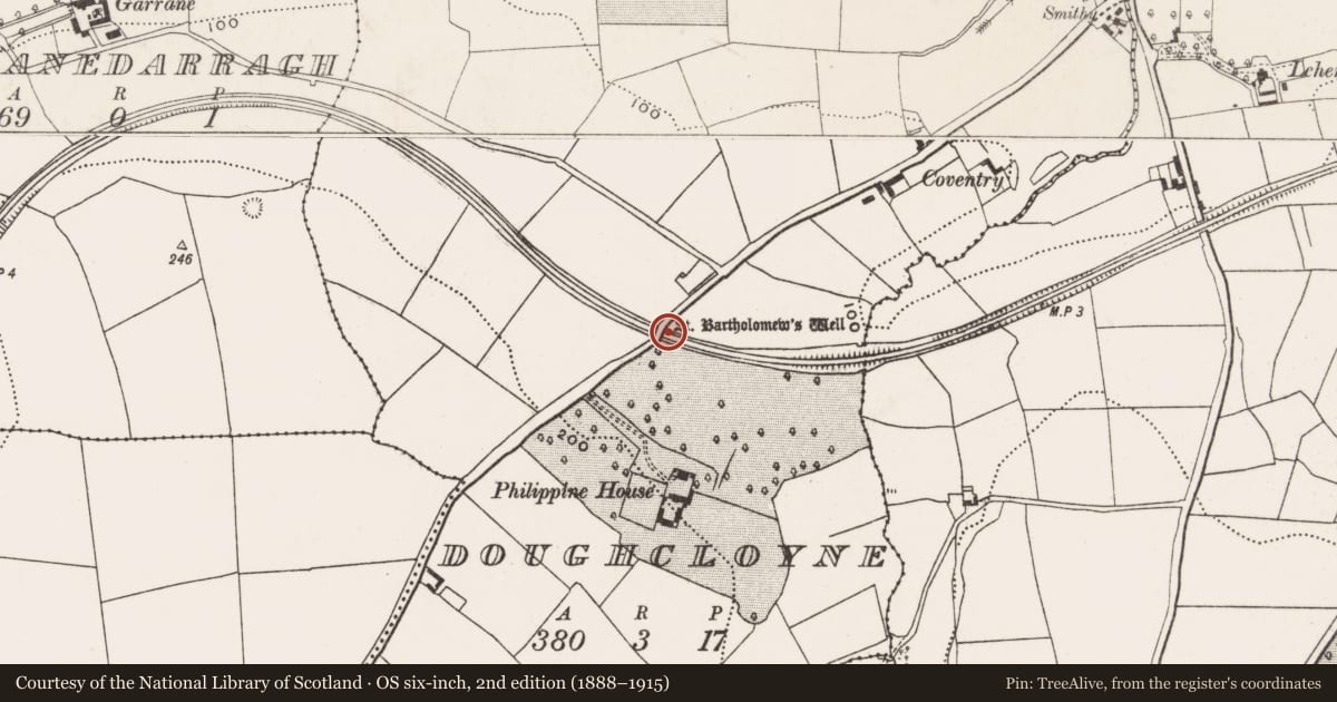Ordnance Survey six-inch map, 2nd edition (1888–1915) covering the location of Ritual site - holy well, Doughcloyne, County Cork, with a pin at the register's coordinates
