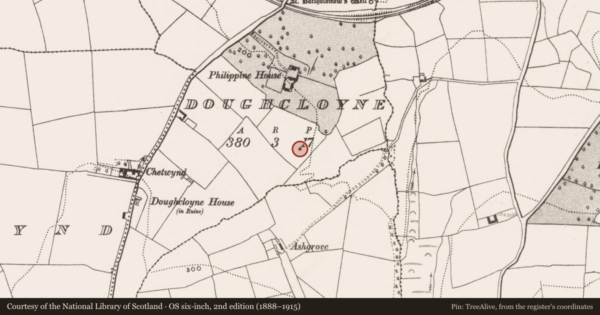 Ordnance Survey six-inch map, 2nd edition (1888–1915) covering the location of Fulacht fia, Doughcloyne, County Cork, with a pin at the register's coordinates