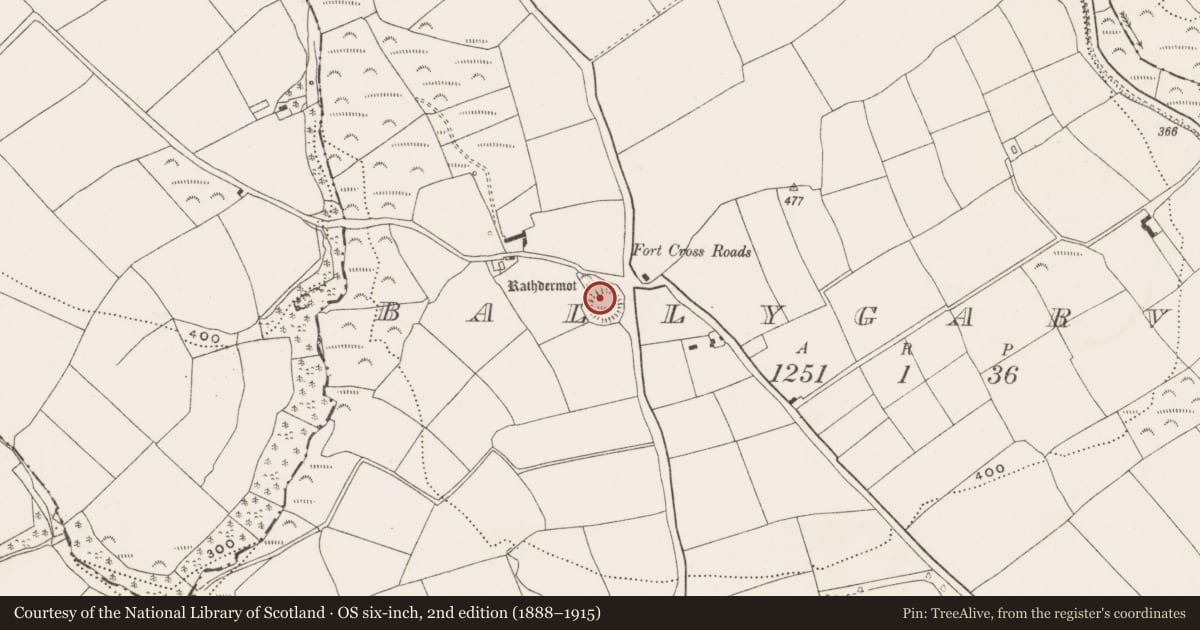 Ordnance Survey six-inch map, 2nd edition (1888–1915) covering the location of Souterrain, Ballygarvan, County Cork, with a pin at the register's coordinates