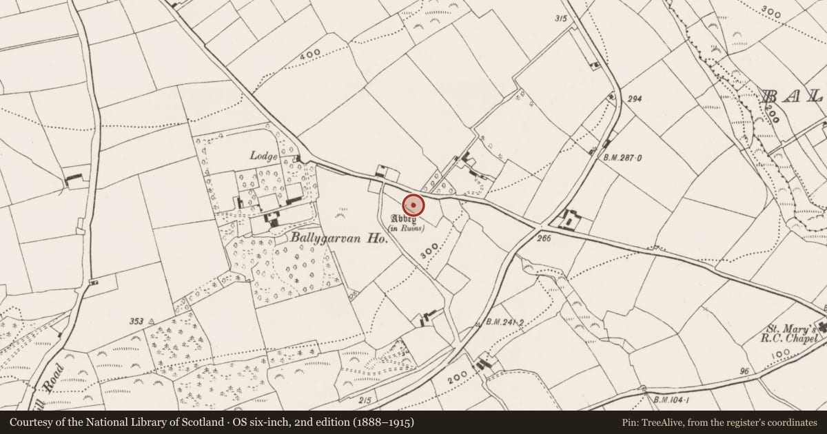 Ordnance Survey six-inch map, 2nd edition (1888–1915) covering the location of Church, Ballygarvan, County Cork, with a pin at the register's coordinates