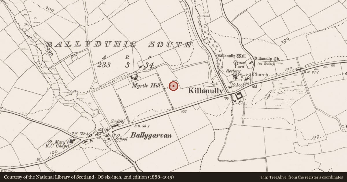 Ordnance Survey six-inch map, 2nd edition (1888–1915) covering the location of Ringfort - rath, Ballyduhig South, County Cork, with a pin at the register's coordinates