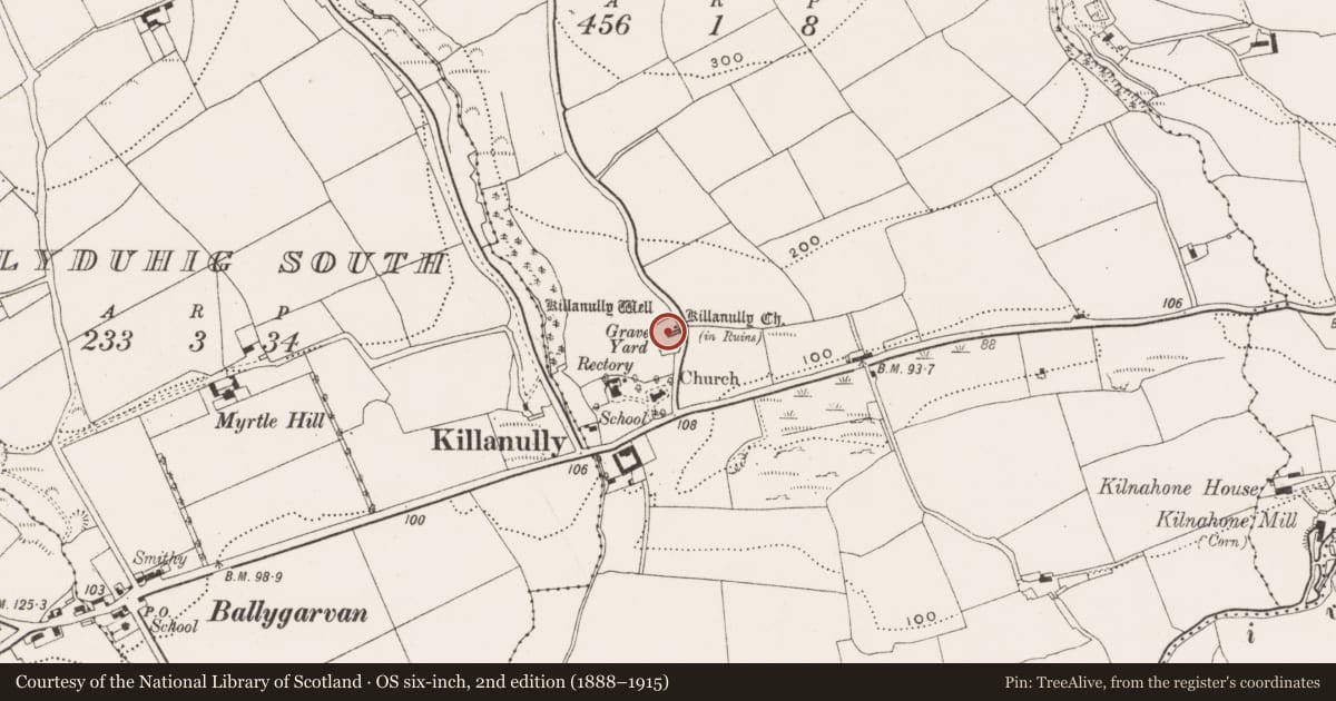 Ordnance Survey six-inch map, 2nd edition (1888–1915) covering the location of Church, Killanully, County Cork, with a pin at the register's coordinates