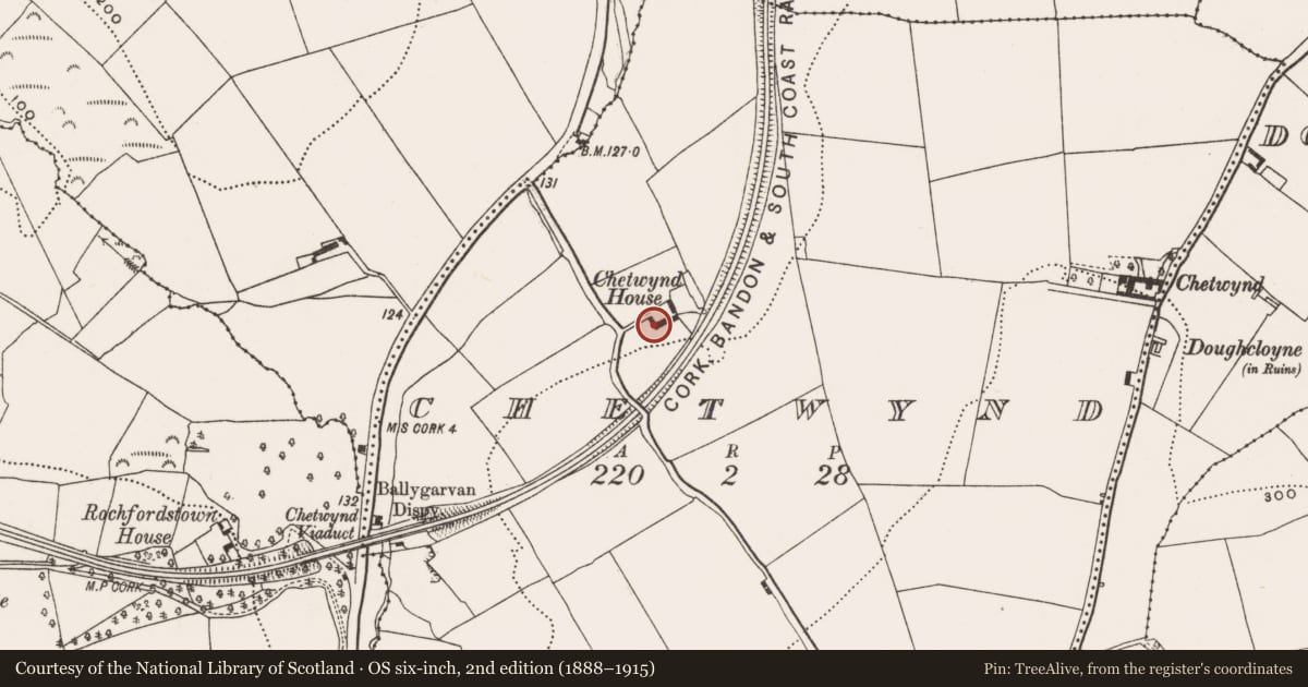 Ordnance Survey six-inch map, 2nd edition (1888–1915) covering the location of Country house, Chetwynd, County Cork, with a pin at the register's coordinates