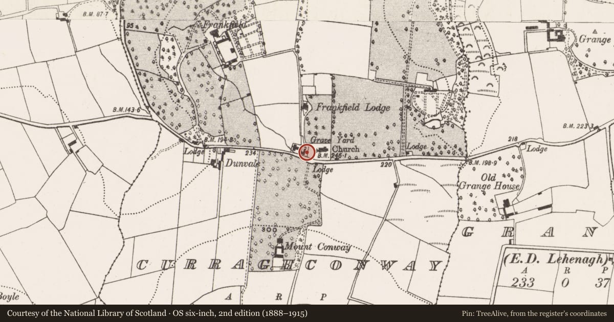 Ordnance Survey six-inch map, 2nd edition (1888–1915) covering the location of Graveyard, Curraghconway, County Cork, with a pin at the register's coordinates