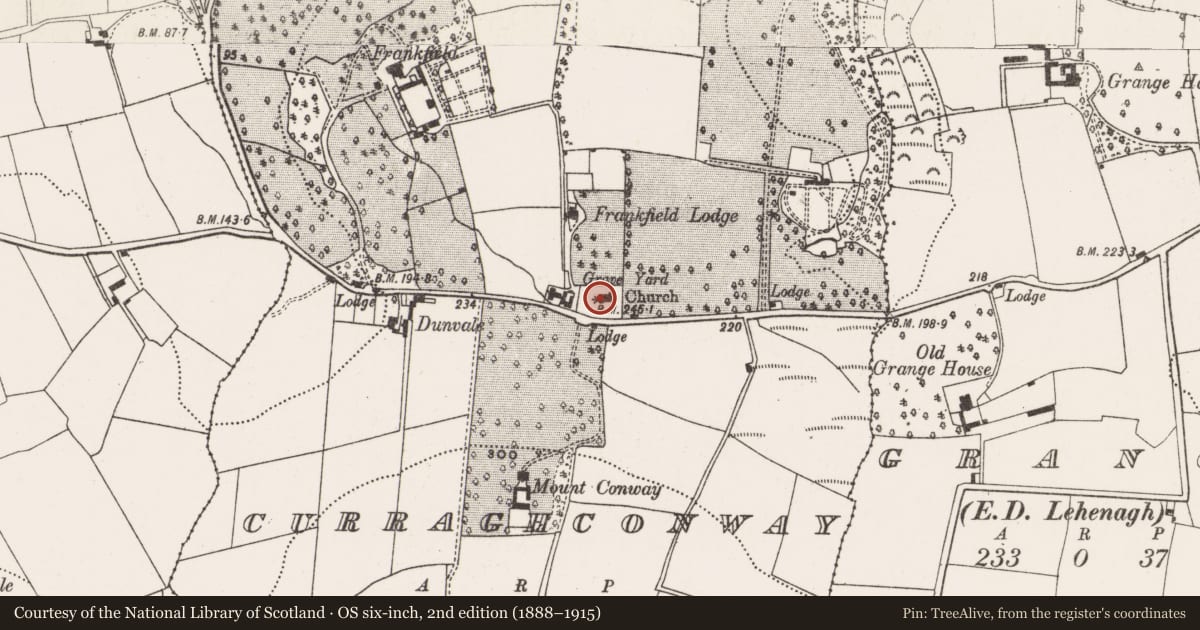 Ordnance Survey six-inch map, 2nd edition (1888–1915) covering the location of Church, Curraghconway, County Cork, with a pin at the register's coordinates