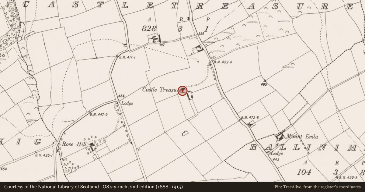 Ordnance Survey six-inch map, 2nd edition (1888–1915) covering the location of Country house, Castletreasure, County Cork, with a pin at the register's coordinates