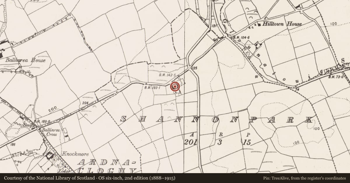 Ordnance Survey six-inch map, 2nd edition (1888–1915) covering the location of House - 16th/17th century, Shannonpark, County Cork, with a pin at the register's coordinates