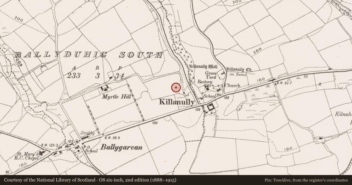 Ordnance Survey six-inch map, 2nd edition (1888–1915) covering the location of Enclosure, Ballyduhig South, County Cork, with a pin at the register's coordinates