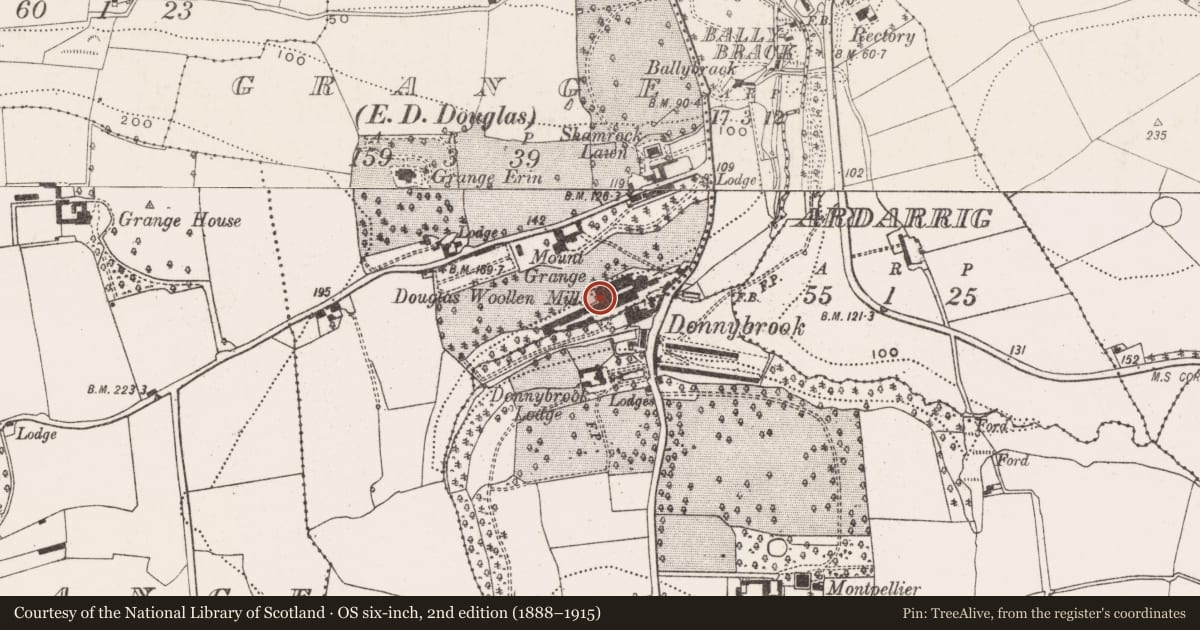 Ordnance Survey six-inch map, 2nd edition (1888–1915) covering the location of Mill - flax, Grange, County Cork, with a pin at the register's coordinates