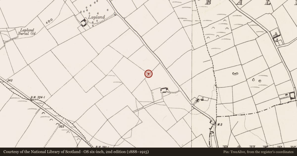 Ordnance Survey six-inch map, 2nd edition (1888–1915) covering the location of Fulacht fia, Moneygurney, County Cork, with a pin at the register's coordinates