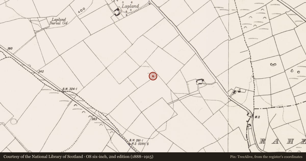 Ordnance Survey six-inch map, 2nd edition (1888–1915) covering the location of Fulacht fia, Moneygurney, County Cork, with a pin at the register's coordinates