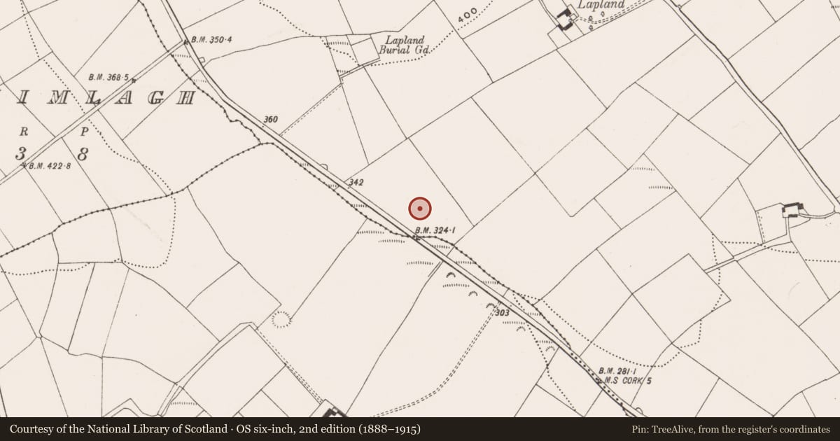 Ordnance Survey six-inch map, 2nd edition (1888–1915) covering the location of Fulacht fia, Moneygurney, County Cork, with a pin at the register's coordinates