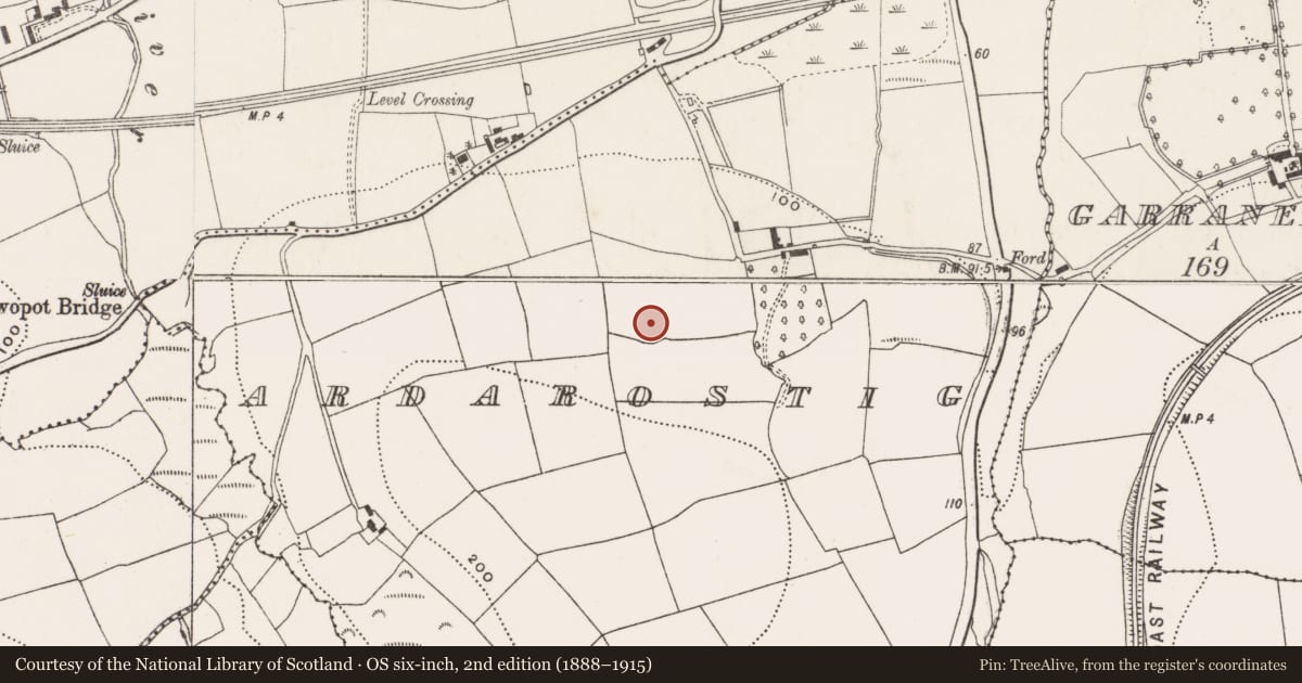 Ordnance Survey six-inch map, 2nd edition (1888–1915) covering the location of Enclosure, Ardarostig, County Cork, with a pin at the register's coordinates