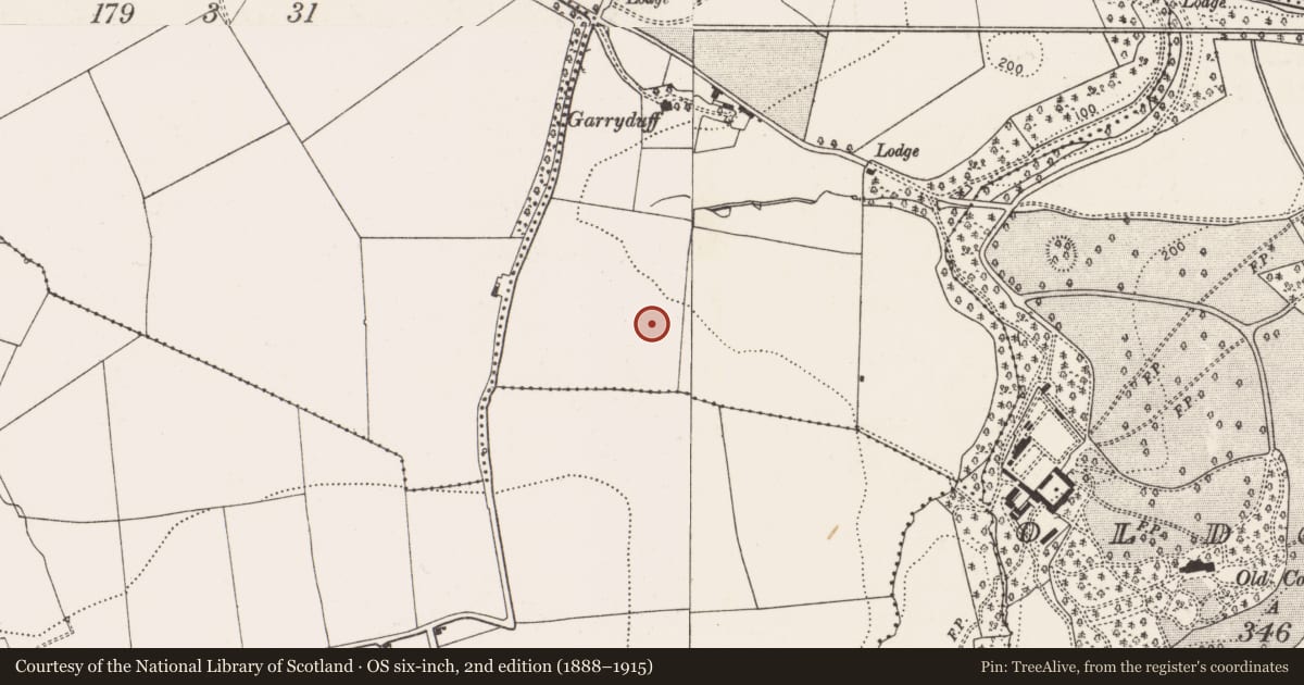 Ordnance Survey six-inch map, 2nd edition (1888–1915) covering the location of Enclosure, Monfieldstown, County Cork, with a pin at the register's coordinates