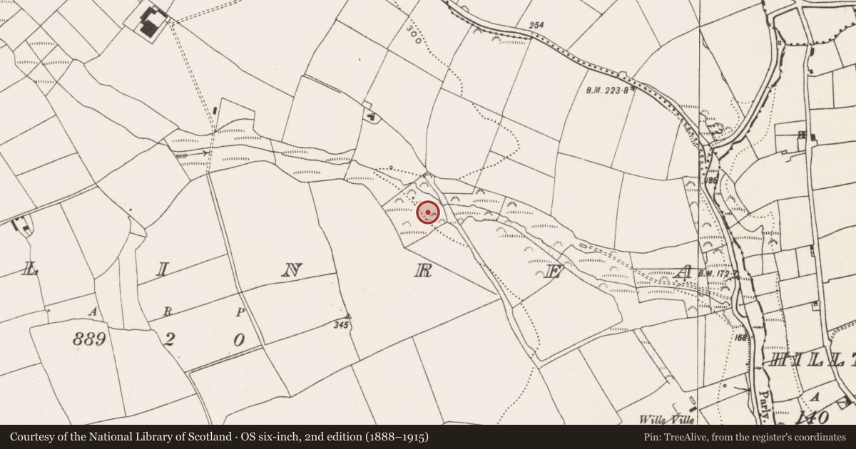 Ordnance Survey six-inch map, 2nd edition (1888–1915) covering the location of Fulacht fia, Ballinrea, County Cork, with a pin at the register's coordinates