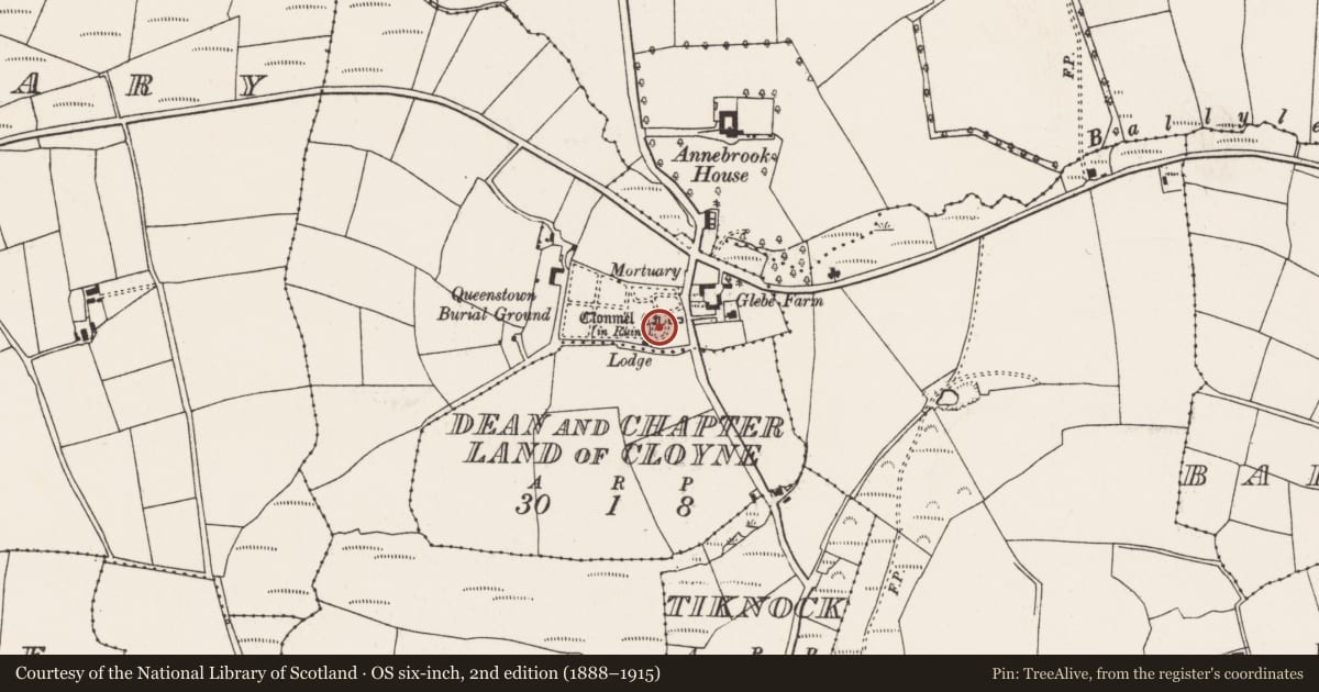 Ordnance Survey six-inch map, 2nd edition (1888–1915) covering the location of Graveyard, Ballyvoloon, County Cork, with a pin at the register's coordinates
