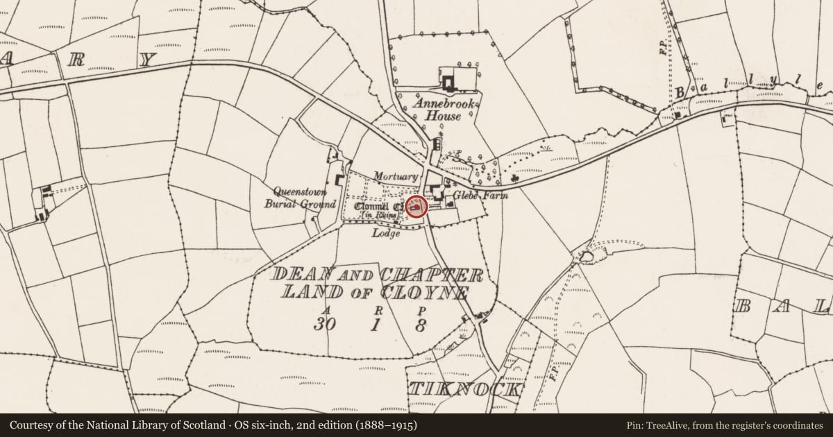 Ordnance Survey six-inch map, 2nd edition (1888–1915) covering the location of Church, Ballyvoloon, County Cork, with a pin at the register's coordinates