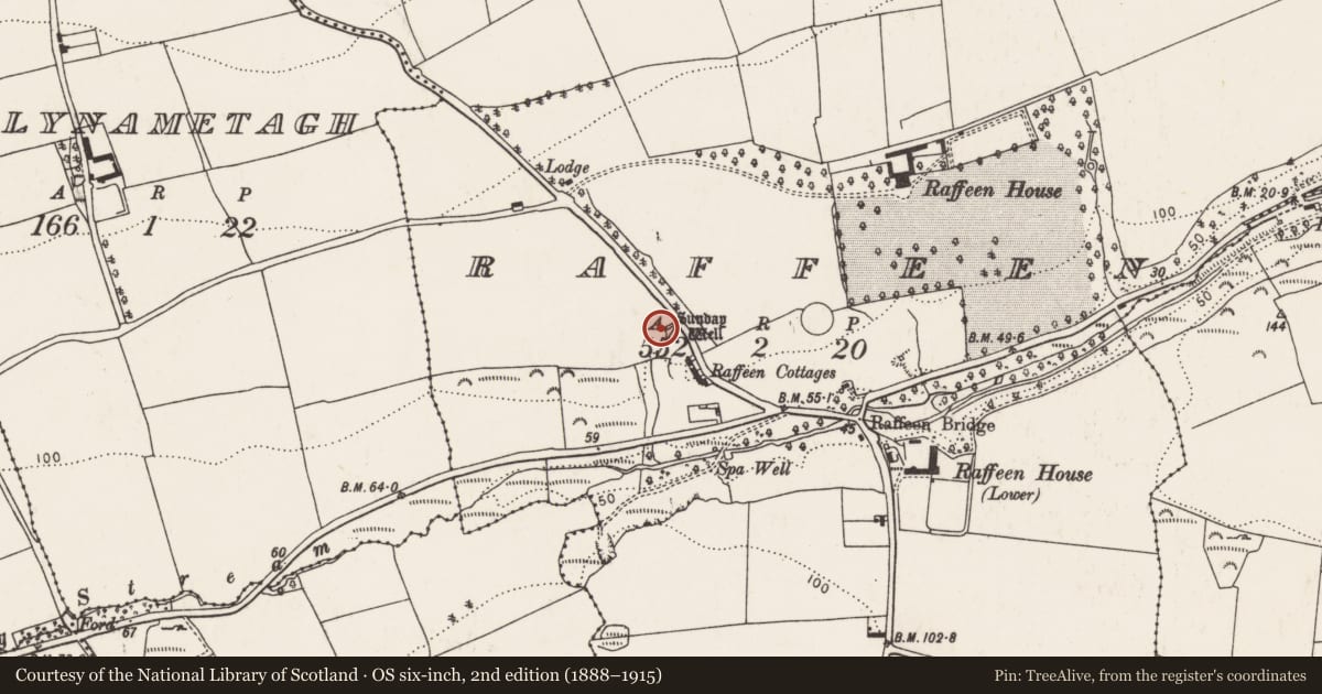 Ordnance Survey six-inch map, 2nd edition (1888–1915) covering the location of Ritual site - holy well, Raffeen, County Cork, with a pin at the register's coordinates