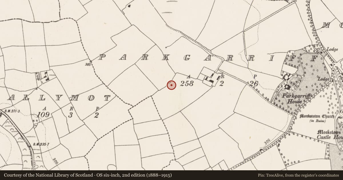 Ordnance Survey six-inch map, 2nd edition (1888–1915) covering the location of Ringfort - rath, Parkgarriff, County Cork, with a pin at the register's coordinates