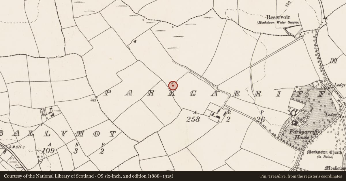 Ordnance Survey six-inch map, 2nd edition (1888–1915) covering the location of Fulacht fia, Parkgarriff, County Cork, with a pin at the register's coordinates