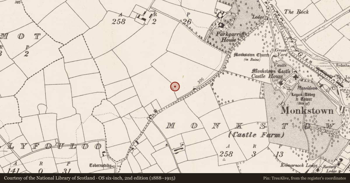 Ordnance Survey six-inch map, 2nd edition (1888–1915) covering the location of Ringfort - rath, Parkgarriff, County Cork, with a pin at the register's coordinates