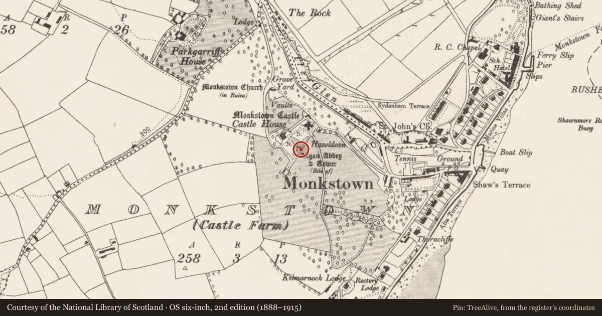 Ordnance Survey six-inch map, 2nd edition (1888–1915) covering the location of Religious house - Benedictine monks, Monkstown (Castle Farm), County Cork, with a pin at the register's coordinates